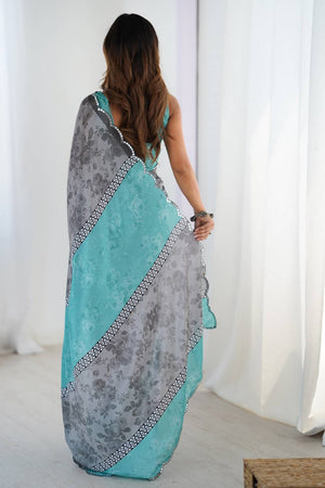 Grey Floral Printed Art Silk Saree