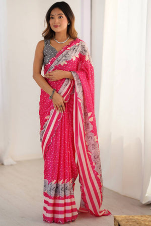 Pink Floral Printed Art Silk Saree