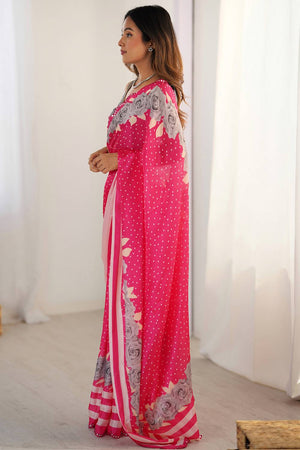 Pink Floral Printed Art Silk Saree