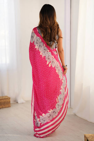 Pink Floral Printed Art Silk Saree