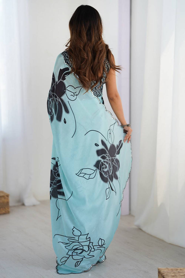 Blue Floral Printed Art Silk Saree
