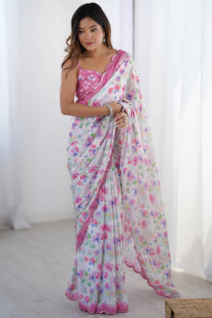 Off White Floral Printed Art Silk Saree