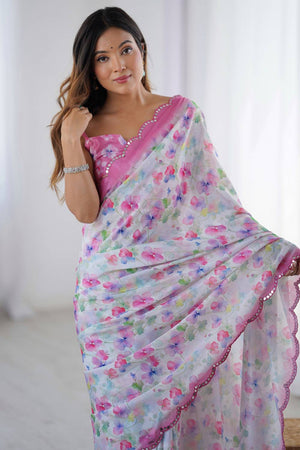 Off White Floral Printed Art Silk Saree