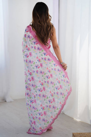 Off White Floral Printed Art Silk Saree