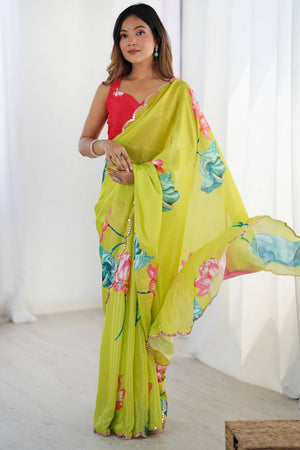 Yellow Floral Printed Art Silk Saree