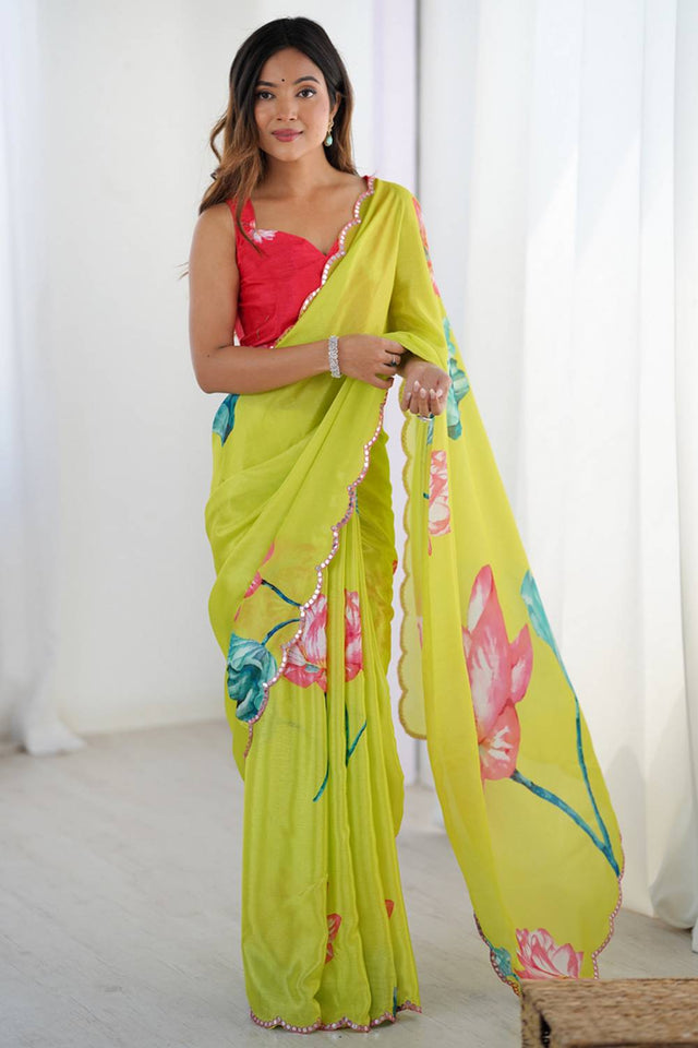 Yellow Floral Printed Art Silk Saree