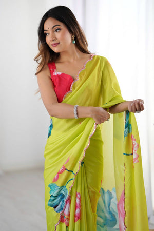 Yellow Floral Printed Art Silk Saree