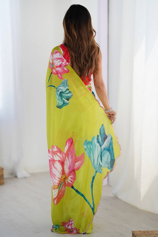 Yellow Floral Printed Art Silk Saree