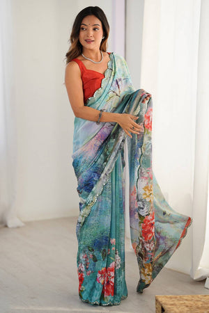 Multi Color Floral Printed Art Silk Saree