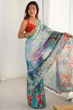 Multi Color Floral Printed Art Silk Saree