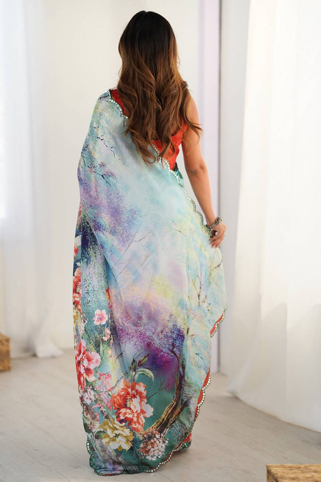 Multi Color Floral Printed Art Silk Saree