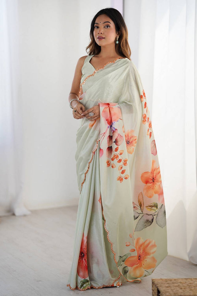 Olive Green Floral Printed Art Silk Saree