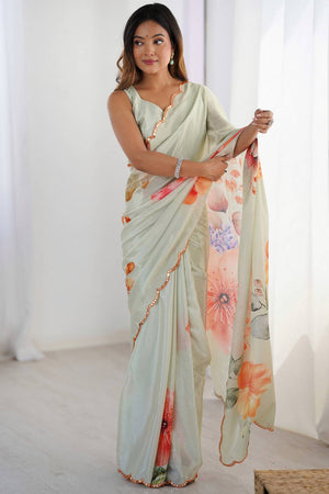 Olive Green Floral Printed Art Silk Saree