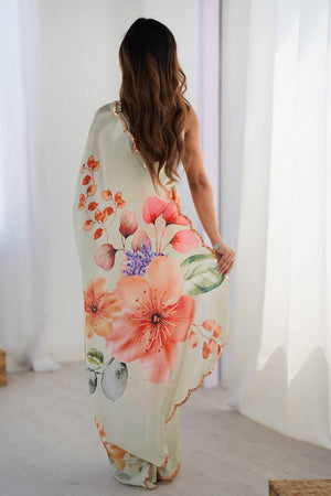 Olive Green Floral Printed Art Silk Saree