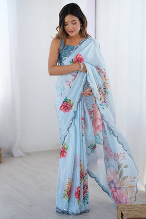 Blue Floral Printed Art Silk Saree