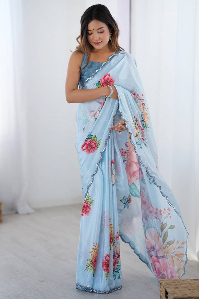 Blue Floral Printed Art Silk Saree