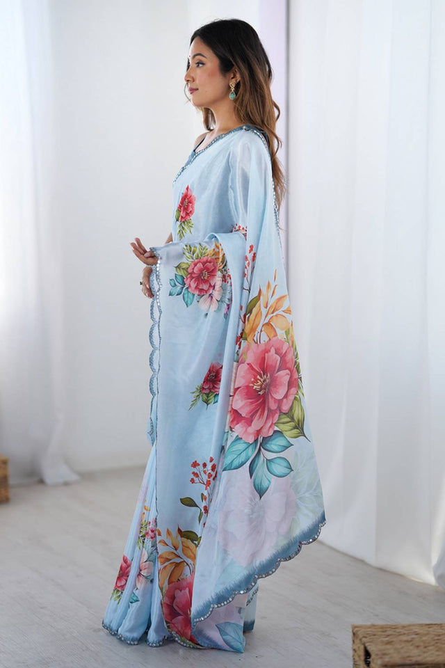 Blue Floral Printed Art Silk Saree