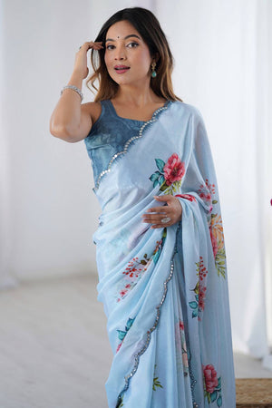 Blue Floral Printed Art Silk Saree