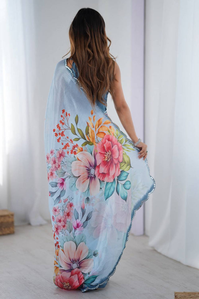 Blue Floral Printed Art Silk Saree