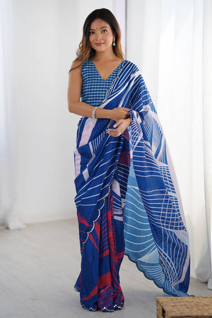 Blue Printed Art Silk Saree