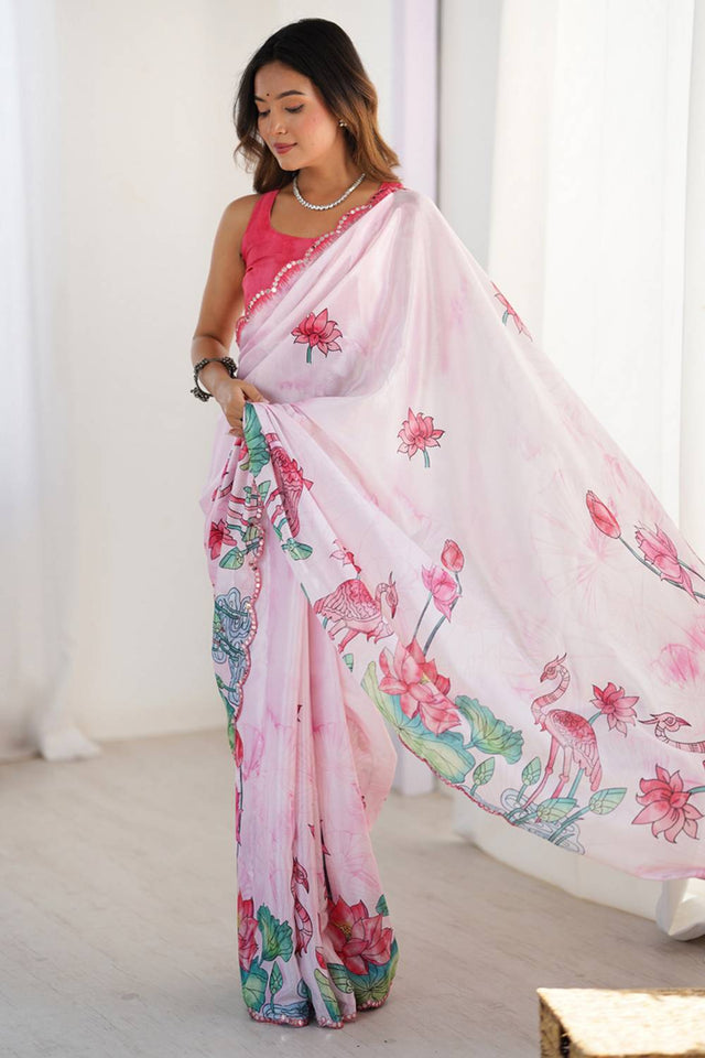 Light Pink Printed Art Silk Saree