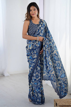 Blue Printed Art Silk Saree