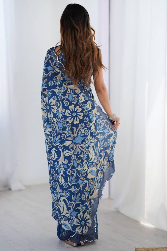 Blue Printed Art Silk Saree
