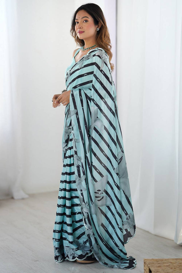 Blue Printed Art Silk Saree