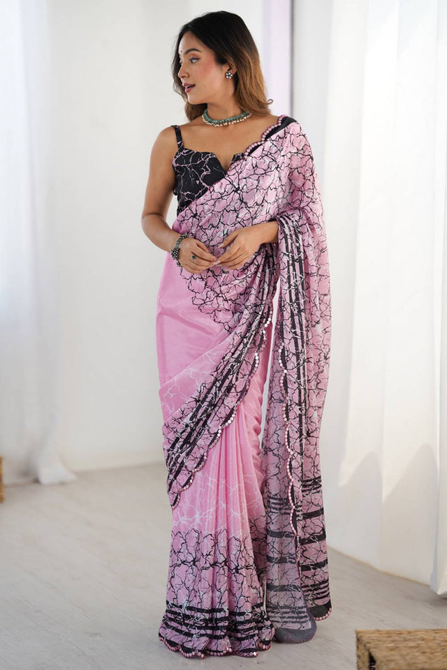 Light Pink Printed Art Silk Saree