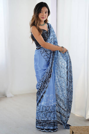 Blue Printed Art Silk Saree
