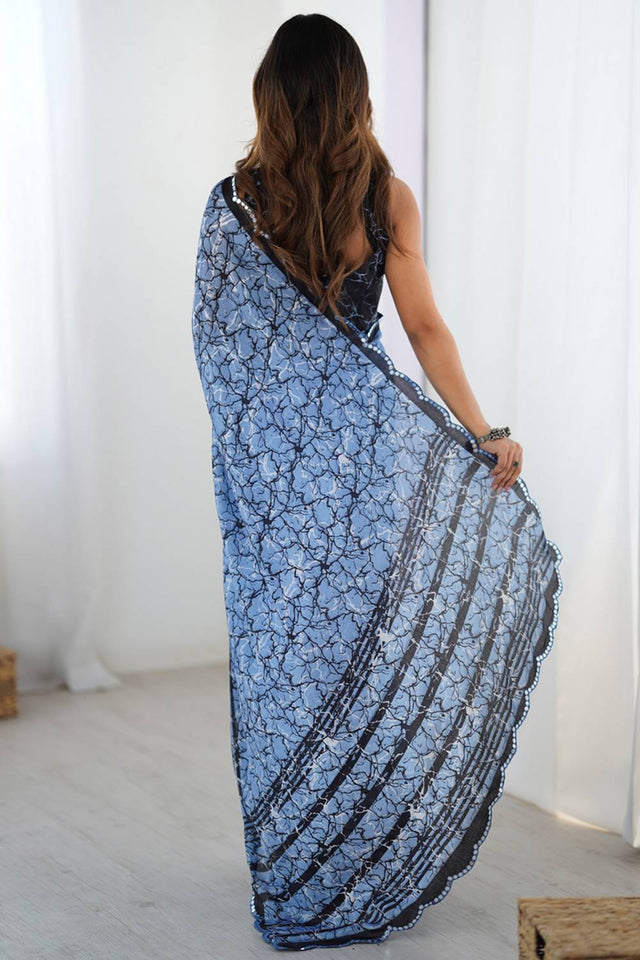Blue Printed Art Silk Saree