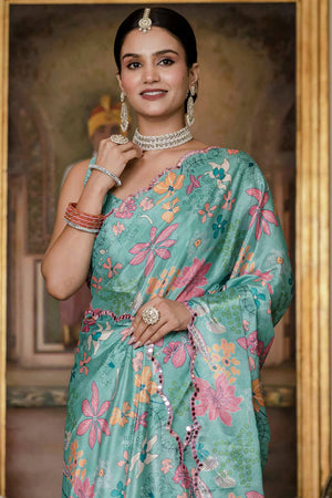 Blue Floral Printed Art Silk Saree