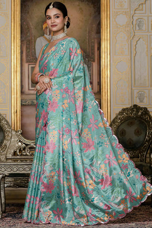 Blue Floral Printed Art Silk Saree