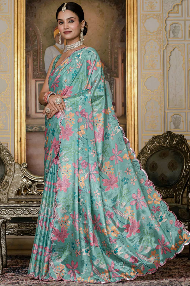 Blue Floral Printed Art Silk Saree