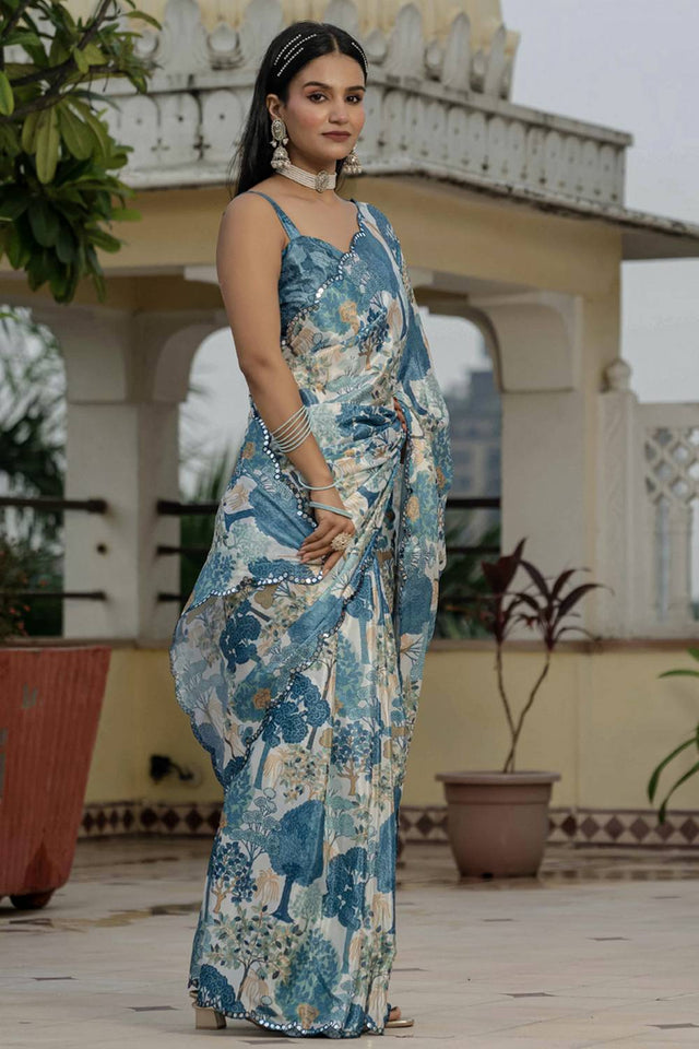Grey Floral Printed Art Silk Saree