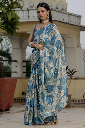 Grey Floral Printed Art Silk Saree