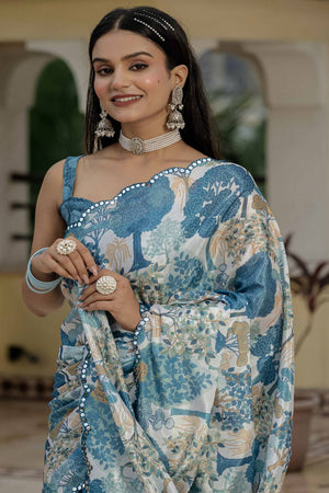 Grey Floral Printed Art Silk Saree