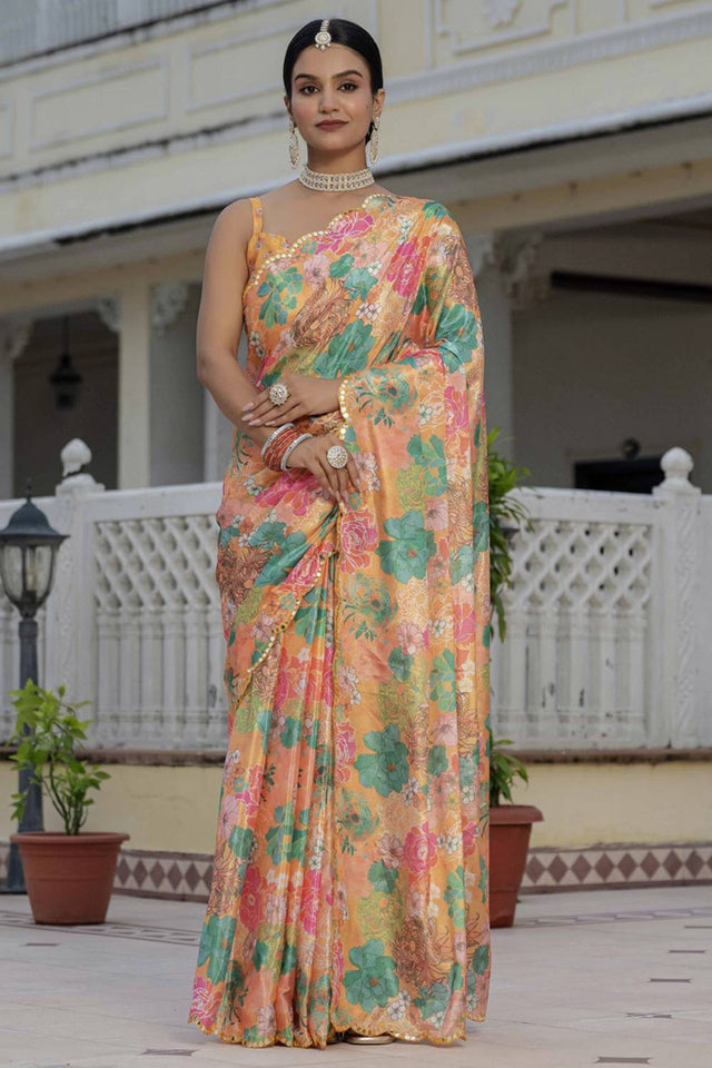 Mustard Floral Printed Art Silk Saree