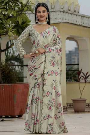 Beige Floral Printed Art Silk Saree