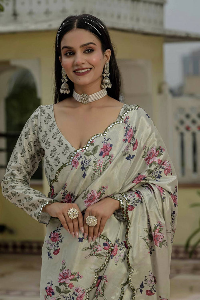 Beige Floral Printed Art Silk Saree