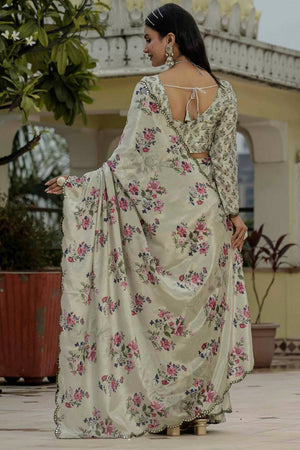Beige Floral Printed Art Silk Saree