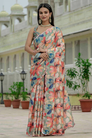 Multi Color Floral Printed Art Silk Saree