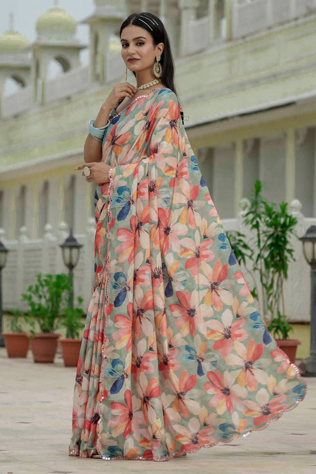 Multi Color Floral Printed Art Silk Saree