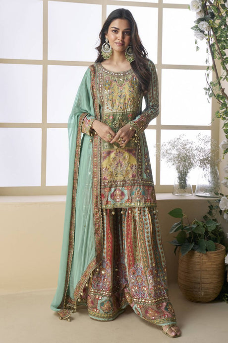 Blue Floral Embroidered Crepe Sharara Suit Set
