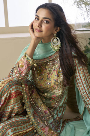 Blue Floral Embroidered Crepe Sharara Suit Set (vega PAKEEZA-5838)