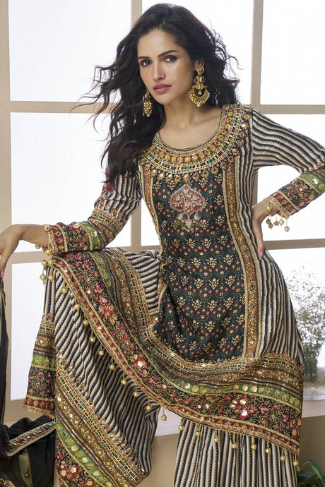Black Floral Printed Crepe Sharara Suit Set