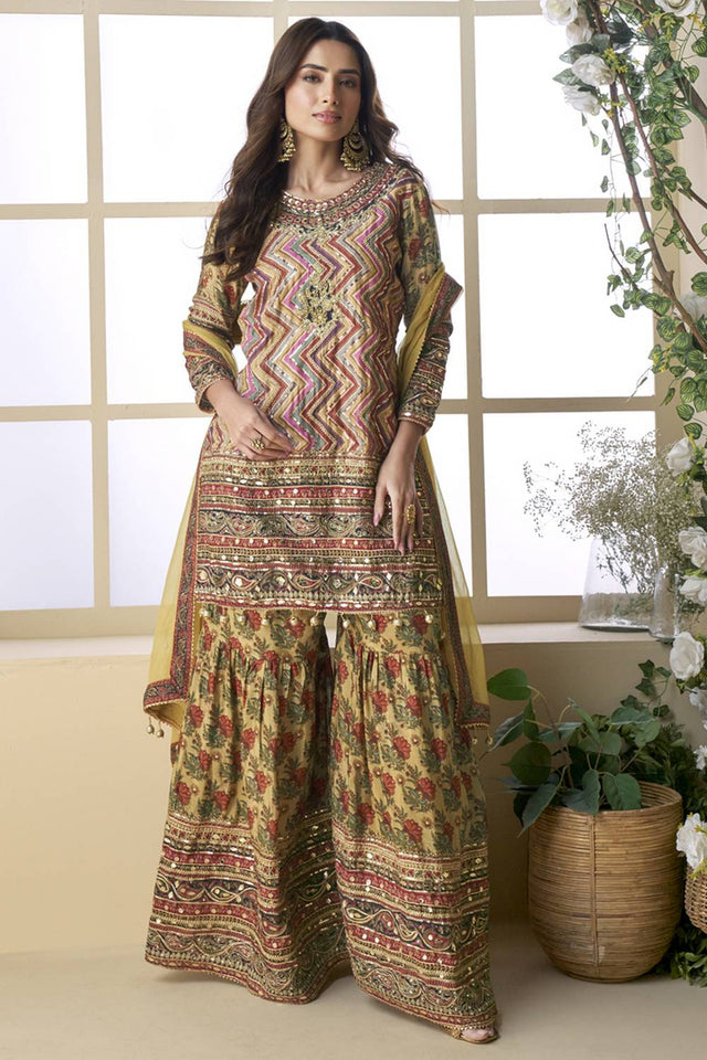 Mustard Printed Crepe Sharara Suit Set (vega PAKEEZA-5840)