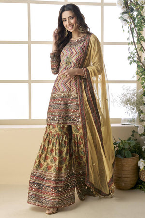 Mustard Printed Crepe Sharara Suit Set (vega PAKEEZA-5840)