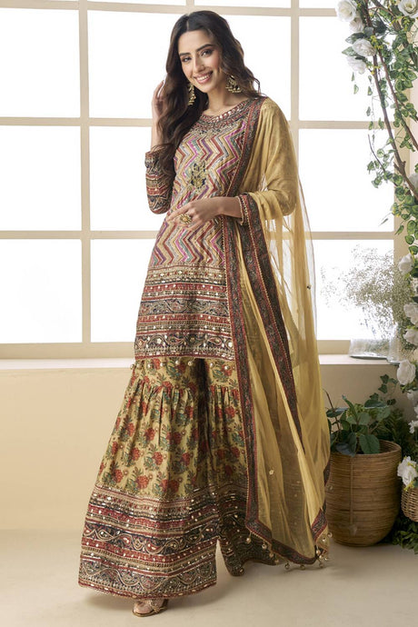 Mustard Printed Crepe Sharara Suit Set