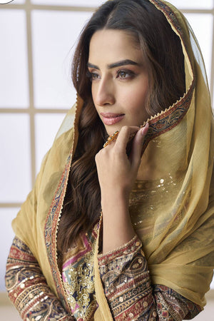 Mustard Printed Crepe Sharara Suit Set (vega PAKEEZA-5840)